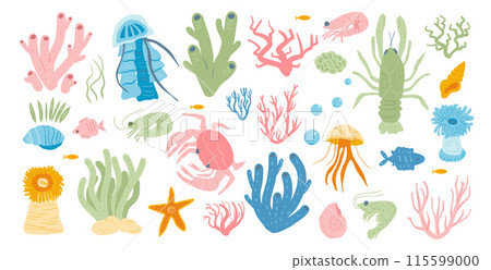 Playful collection of fish, crustaceans, starfish, jellyfish, mollusks, and corals in a pastel palette Set of Vector hand drawn flat illustration. 115599000