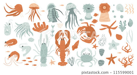 Underwater life isolated on white background. Collection of jellyfish, sea anemones, fish, lobster, crabs, shrimp, starfish, sea shells, corals seaweed. Set of Vector hand drawn flat illustration. 115599001