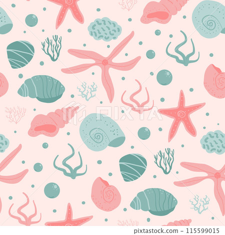 Barnacles and starfish seamless pattern. Shells and seaweed endless background. Seashell and stones repeat pastel backdrop. Vector hand drawn flat illustration. 115599015