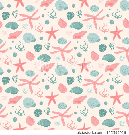 Shells and starfish seamless pattern. Barnacles and seaweed endless background. Seashell and stones repeat backdrop. Ocean sand floor. Vector hand drawn flat illustration. 115599016