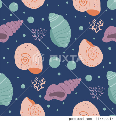 Playful marine life-inspired seamless pattern with stylized seashells and coral on a dark blue backdrop. Vector hand drawn flat illustration. 115599017