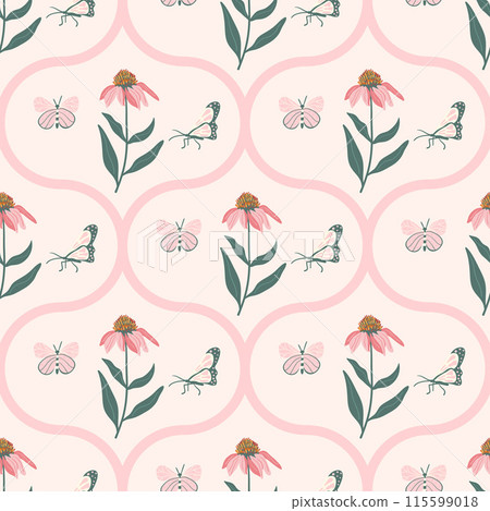 Elegant damask seamless pattern featuring purple coneflowers intertwined with delicate butterflies. Purple echinacea flower ornament. Vector flat hand drawn illustration. 115599018