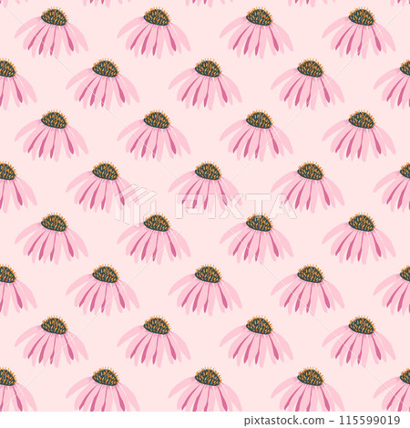 Pink coneflowers bud seamless pattern. Floral endless background. Purple echinacea flower simple backdrop. Vector flat hand drawn illustration. 115599019
