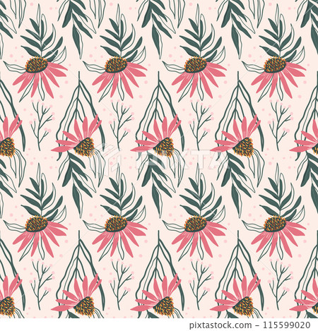 Wildflowers seamless pattern. Floral coneflowers endless background. Purple echinacea flower ornament. Vector flat hand drawn illustration. 115599020