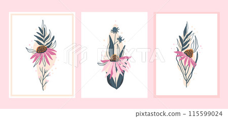 Purple Coneflower greeting cards templates set. Echinacea wild flower vertical banners collection. Vector hand drawn illustration. Purple Coneflower greeting cards templates set. Echinacea wild flower vertical banners collection. Vector hand drawn illustration. 115599024