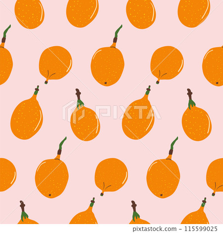 Tropical fruits endless background. Granadilla fruit seamless pattern. Yellow passion fruit repeat cover. Exotic passiflora ligularis loop ornament. Vector hand drawn illustration. Tropical fruits endless background. Granadilla fruit seamless pattern. Yellow passion fruit repeat cover. Exotic passiflora ligularis loop ornament. Vector hand drawn illustration. 115599025