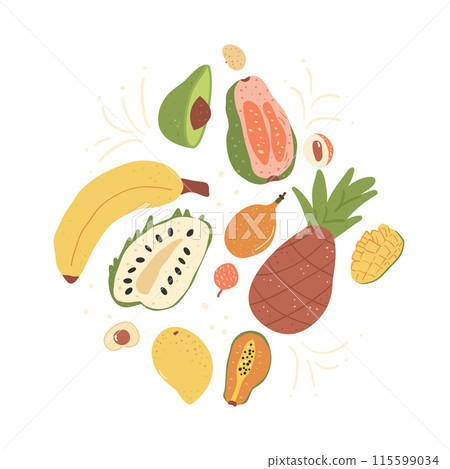 Tropical fruits isolated on white background. Set of exotic sweet salad dessert. Vector hand drawn flat collection illustration. Tropical fruits isolated on white background. Set of exotic sweet salad dessert. Vector hand drawn flat collection illustration. 115599034