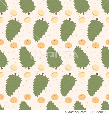 Tropical fruits seamless background. Guanabana and longan repeat pattern. Vector hand drawn illustration. Tropical fruits seamless background. Guanabana and longan repeat pattern. Vector hand drawn illustration. 115599035