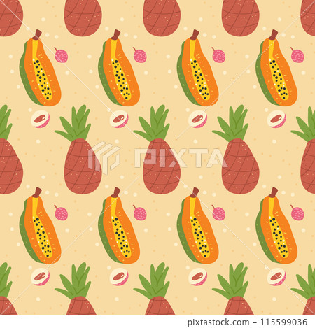 Tropical fruits seamless pattern. Pineapple, papaya, lychee endless background. Exotic sweet food repeat cover. Vector hand drawn illustration. Tropical fruits seamless pattern. Pineapple, papaya, lychee endless background. Exotic sweet food repeat cover. Vector hand drawn illustration. 115599036