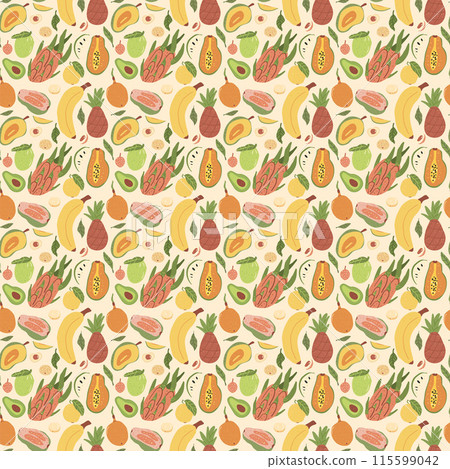 Exotic fruits seamless pattern. Tropical sweet cut and whole fruit food repeat background. Vector hand drawn illustration. Exotic fruits seamless pattern. Tropical sweet cut and whole fruit food repeat background. Vector hand drawn illustration. 115599042