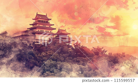 日落時壯麗的水墨畫風格日本城堡,文本空間 日落時壯麗的水墨畫風格日本城堡,文本空間 115599557