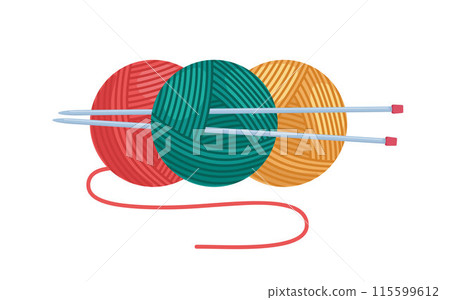 Balls of yarn with knitting needles. Clews, skeins of wool. Tools for knitwork, handicraft, crocheting, hand-knitting. Female hobby. Vector. 115599612