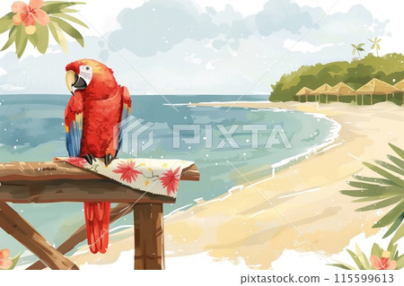 Parrot perched on a wooden post by the beach, with flowers and ocean in the background. Parrot perched on a wooden post by the beach, with flowers and ocean in the background. 115599613
