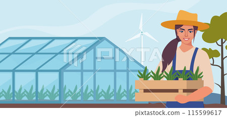 Woman farmer stands near greenhouse and holding box with seedlings in hands. Farming plant cultivation. Design for agriculture, horticulture or agronomy. Template for banner, poster, flyer. Vector. 115599617