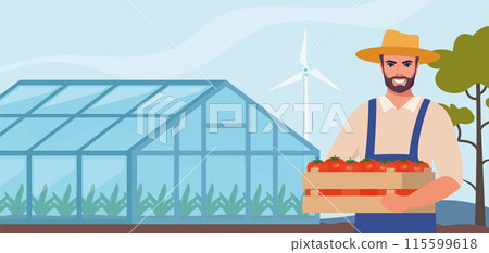 Man farmer stands near greenhouse and holding box of tomatoes in hands. Farming plant cultivation. Design for agriculture, horticulture or agronomy. Template for banner, poster, flyer. Vector. 115599618