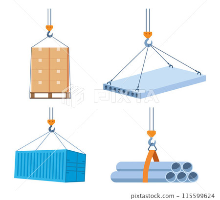 Transportation and loading of various cargoes. Metal pipes, slab, container, boxes on pallet. Construction works. Loading by crane. Vector. Transportation and loading of various cargoes. Metal pipes, slab, container, boxes on pallet. Construction works. Loading by crane. Vector. 115599624