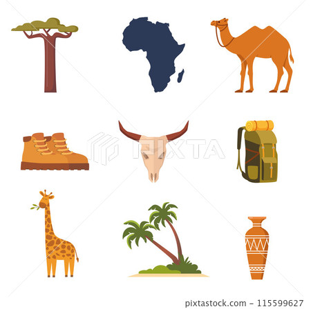 Africa and Safari elements and icons. Camel, giraffe, palm tree, baobab, vulture, backpack, boots, Egyptian vase. Vector. Africa and Safari elements and icons. Camel, giraffe, palm tree, baobab, vulture, backpack, boots, Egyptian vase. Vector. 115599627