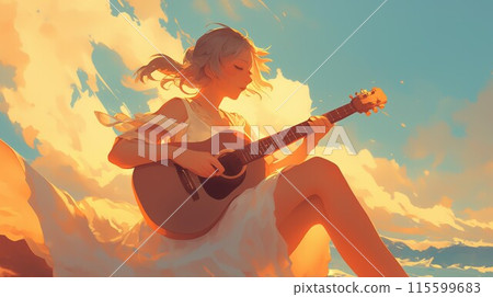 夕陽下彈吉他的女孩 115599683