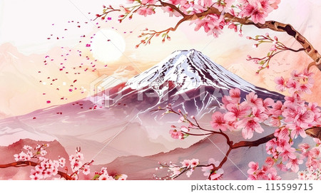 半額 福袋の通販 日出時的櫻花和富士山的水墨畫藝術-插圖素材[115599715] PIXTA圖庫 - 絵画/タペストリー