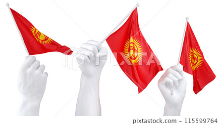 Hands waving Kyrgyzstan flags isolated on white Hands waving Kyrgyzstan flags isolated on white 115599764