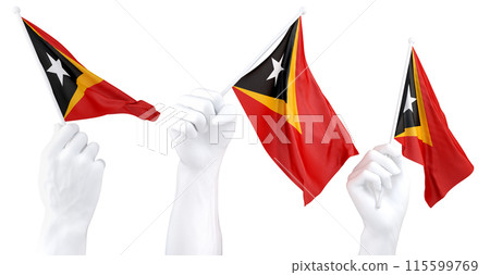 Hands waving East Timor flags isolated on white Hands waving East Timor flags isolated on white 115599769