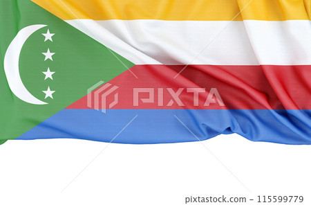 Flag of Comoros isolated on white background with copy space below. 3D rendering Flag of Comoros isolated on white background with copy space below. 3D rendering 115599779