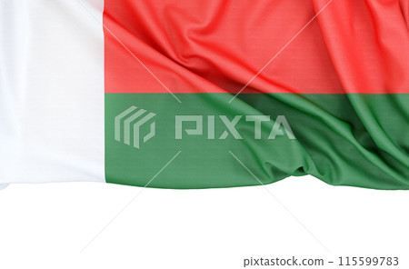 Flag of Madagascar isolated on white background with copy space below. 3D rendering Flag of Madagascar isolated on white background with copy space below. 3D rendering 115599783