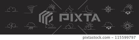 Weather one single line symbols banner set. Continuous editable stroke hand drawn line. Vector stock illustration isolated on black background for design travel blog, meteorology forecast. EPS 10  115599797
