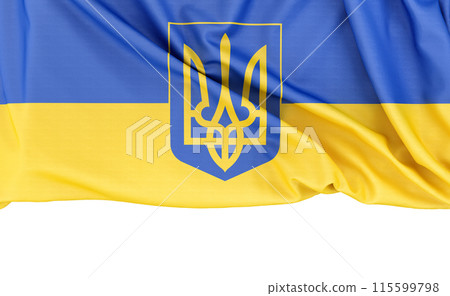 Flag of Ukraine with Coat of Arms isolated on white background with copy space below. 3D rendering 115599798