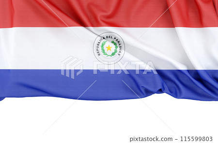 Flag of Paraguay isolated on white background with copy space below. 3D rendering Flag of Paraguay isolated on white background with copy space below. 3D rendering 115599803