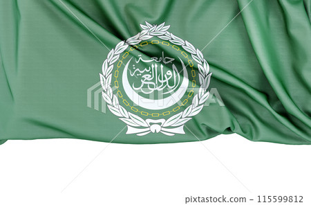 Flag of Arab League isolated on white background with copy space below. 3D rendering Flag of Arab League isolated on white background with copy space below. 3D rendering 115599812