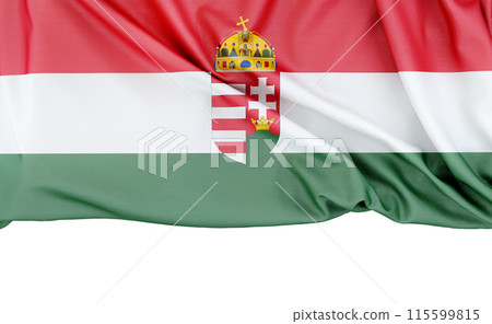 Flag of Hungary with coat of arms isolated on white background with copy space below. 3D rendering 115599815