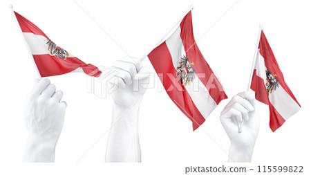 Hands waving Austria (with coat of arms) flags isolated on white 115599822