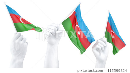 Hands waving Azerbaijan flags isolated on white 115599824