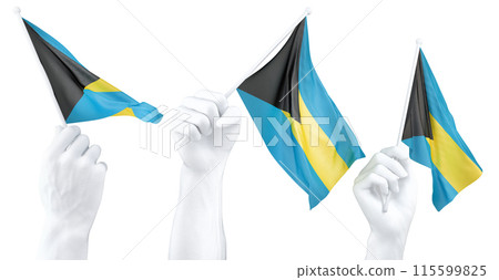 Hands waving Bahamas flags isolated on white 115599825