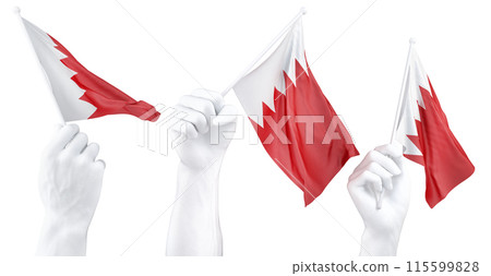 Hands waving Bahrain flags isolated on white 115599828
