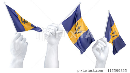 Hands waving Barbados flags isolated on white 115599835