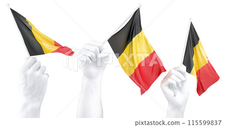Hands waving Belgium flags isolated on white 115599837