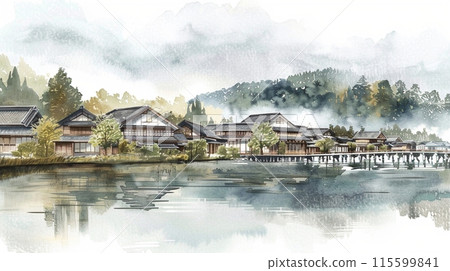 Quiet Japanese village in ink painting style 115599841