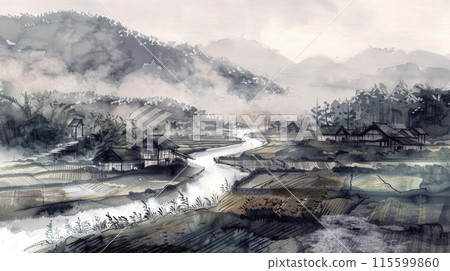 Quiet Japanese village in ink painting style 115599860