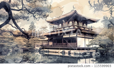 Ink painting art of a tranquil Japanese temple surrounded by trees 115599903