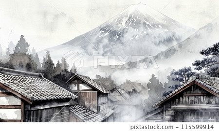 Ink painting art of a traditional Japanese village with Mount Fuji in the background 115599914