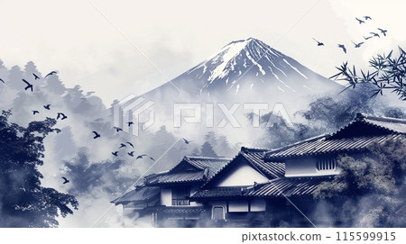 Ink painting art of a traditional Japanese village with Mount Fuji in the background 115599915
