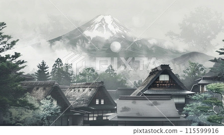 Ink painting art of a traditional Japanese village with Mount Fuji in the background 115599916