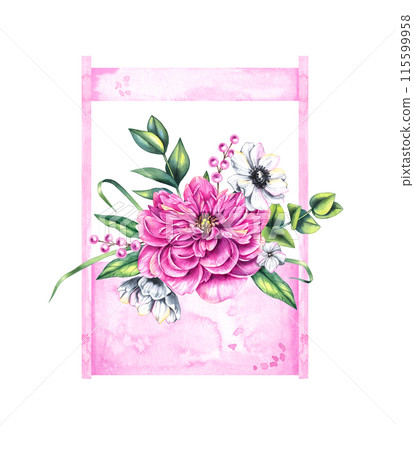 Blooming Watercolor Bouquet Box with Peony, Berries Blooming Watercolor Bouquet Box with Peony, Berries 115599958