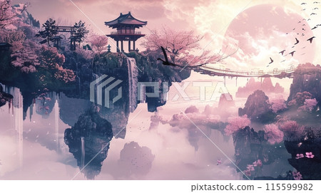 懸崖上一座夢幻般的日本寺廟的水墨畫藝術，有櫻花和瀑布 115599982