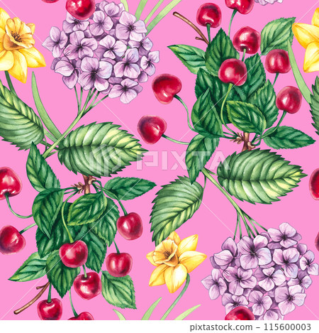 Blooming watercolor pattern with cherry, daffodil and hydrangea Blooming watercolor pattern with cherry, daffodil and hydrangea 115600003
