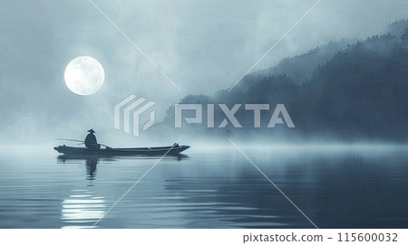 Ink painting of a fisherman on a boat under a full moon 115600032