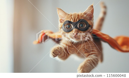 Adorable cat kitty in superhero cape and mask on light blue background, generated AI 115600048