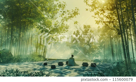 A tranquil scene with bamboo groves and tea ceremony utensils 115600079
